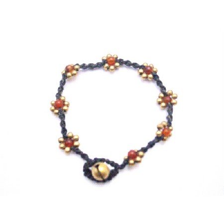 UBR220 Interwoven Cord Wax Golden Flower With Semi Precious Carnelian Stone Bracelet
