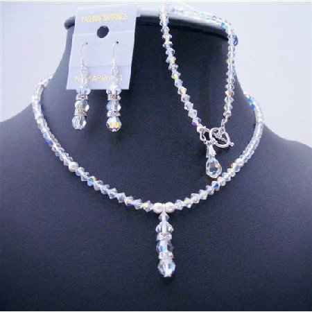 BRD480 AB Crystals White Pearls Drop Down Complete Set Very Sleek Party Jewelry Set