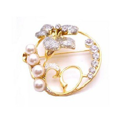 B420 Round Brooch Wedding Cake Brooch Gold Brooch W/ Flower & Diamante Stud & Pearls