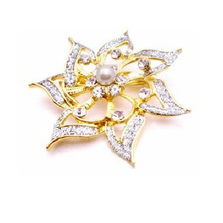 B424 Bridemaids Dress Brooch Gold Flower Diamante & Pearls Confetti Brooch