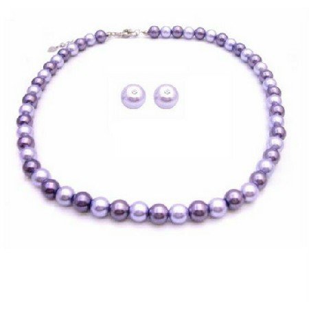 NS827 Affordable Inexpensive Pearls Wedding Jewelry Lilac & Purple Stud Earrings Necklace Set