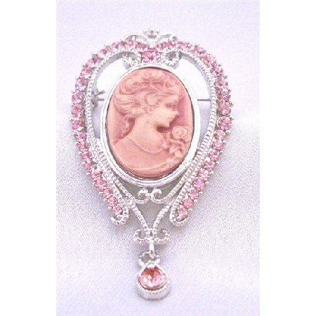 B347 Victorian Vintage Brooch Pendant Pink Cameo Lady Brooch Pink Crystals