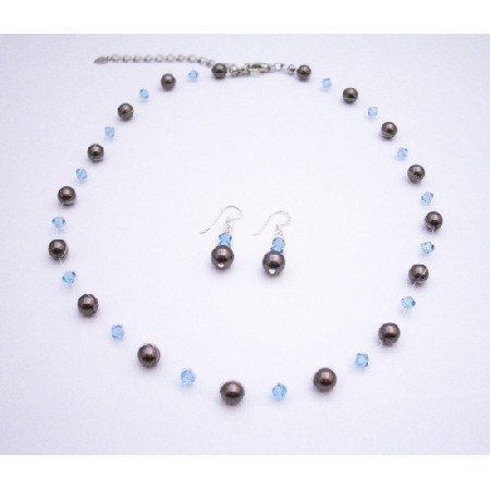 BRD050 Handmade Wedding Bridmaids Jewelry Brown Pearls & Aquamarine Crystals Bridesmaids Gifts