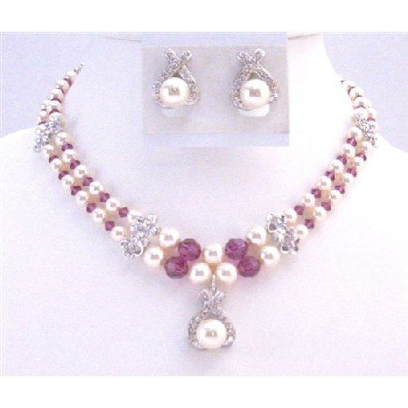 BRD021 Mother Of Groom Jewelry Double Stranded Necklace Swarovski Ivory Pearl