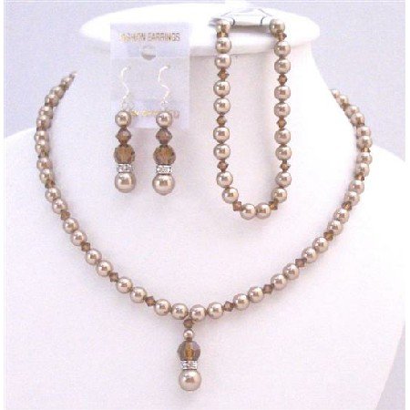 BRD024 Complete Set Bridal Wedding Bronze Pearls & Smoked Topaz Crystals Set