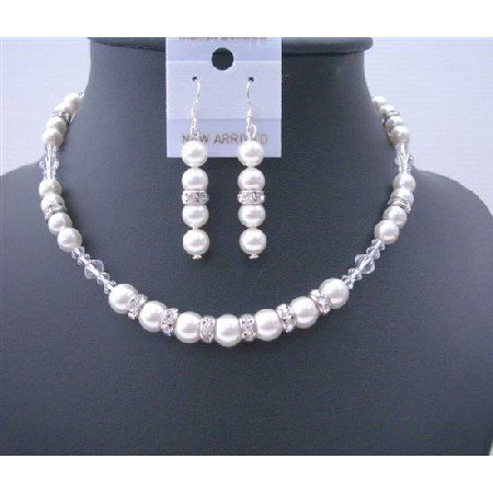 BRD478 Big Pearls 10mm White Pearls Silver Rondells & Clear Crystals Jewelry