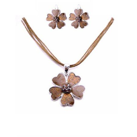 NS848 Vintage Ethnic Necklace Set Enamel Brown Flower & Smoked Topaz Crystals Jewelry