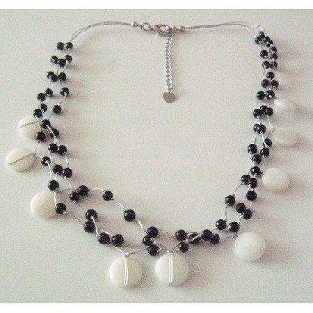 N881 Black & White Jewelry White Shells & Black Beads 3 Stranded Beautiful Necklace