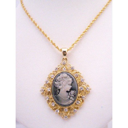 N889 Golden Framed Cameo Pendant Necklace Victorian Cameo Lady Pendant