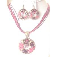 NS272 Round Antique Brass Pendant Earrings Necklace Set Multi Strands Red Jewelry Set