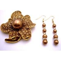 B494 Copper Pearls w/ Gold Shadow & Gold Spacer Match Brooch Sunflower Gift
