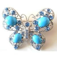 B474 Turquoise Butterfly Aquamarine Crystals Holiday Gift Brooch Pin
