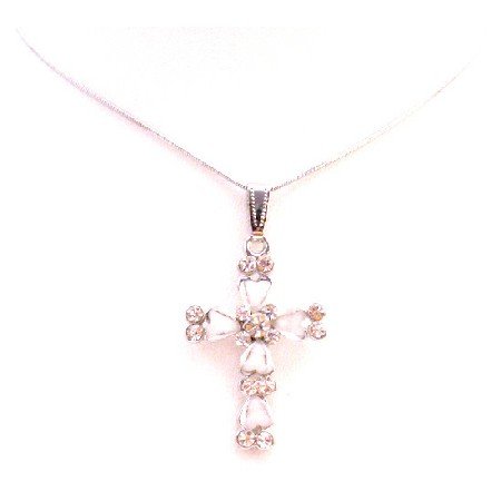 UNE290 Cross Pendant White Enamel With Sparkling Diamante Embedded