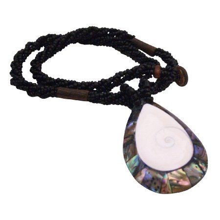 N907 Abalone Shiva Eye Teardrop Pendant Necklace Abalone Pendant In Black Beaded Necklace Gifts