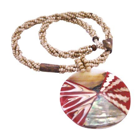 N901 Shell Necklace Shell Jewelry Beige Beaded Necklace W/ Shell Coral Pendant