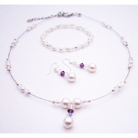 BRD539 AB Swarovski Crystals w/ Amethyst & White Pearls Drop Down Bridal Jewelry Set