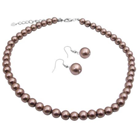 UNS020 Brown Synthetic Pearls Necklace Set w/ Pearls Stud Earrings