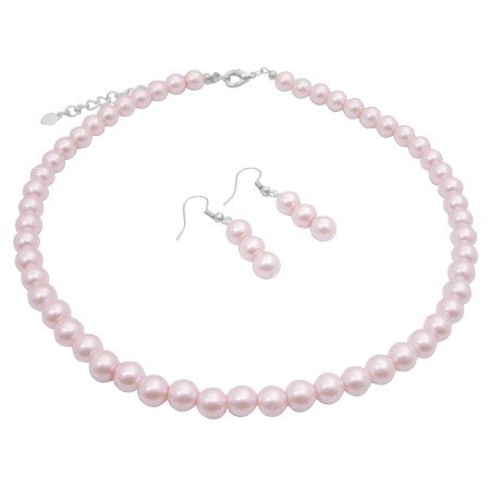 UNS011 Soothing Pink Pearls Necklace Set 16 Inches Synthetic Pearls Jewelry w/ Earrings