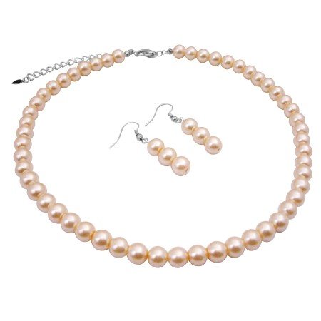 UNS013 Good Quality Synthetic Peach Pearls Choker Necklace Set 16 Inches w/ Dangling Earrings