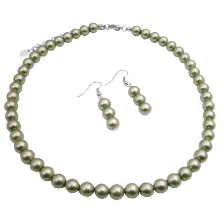 UNS006 Cool Summer Color Green Necklace Set 16 Inches Synthetic Pearls Jewelry w/ Earrings