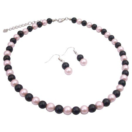 U134 Pearls Necklace Set Black & Pink Pearls Delicate Jewelry Set