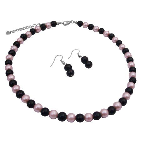 UNS017 Black Pearls Earrings w/ Pink & Black Pearls Beads Neckalce Jewelry Set