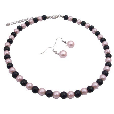 U197 Pink Black Pearls Jewelry Set Smashing Combo Of Pink & Black Beads Set