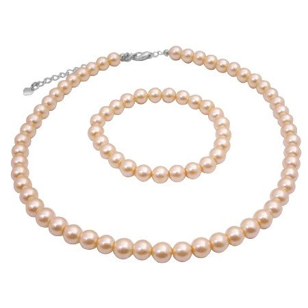 UNS014 Dainty Peach Necklace & Bracelet Synthetic High Quality Pearls