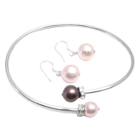 TB055 Inexpensive Cuff Bracelet Ivory Brown Pearls Ivory Matching Earrings