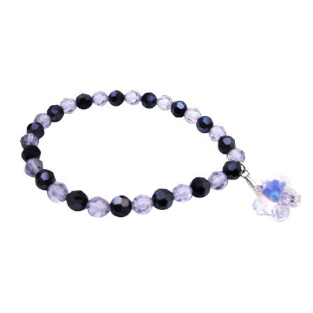 TB050 Swarovski Gift Bracelet Shadow Jet Crystal Dangling AB Crystals Flower
