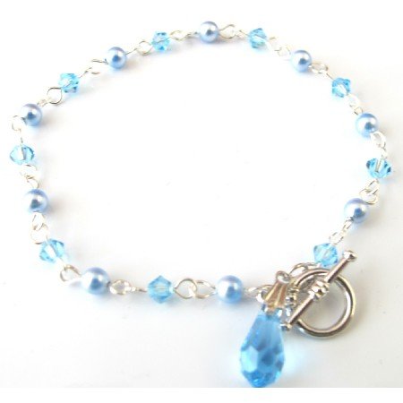 TB047 Blue Jewelry Swarovski Aquamarine Teardrop Charm Dangling Bracelet