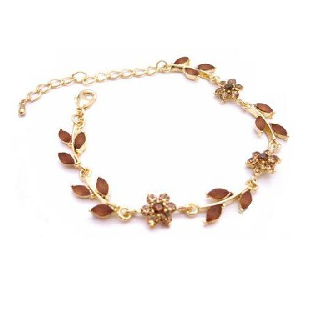 TB041 Gold Plated Bracelet w/ Enamel Smoked Topaz Crystals Brown Bracelet