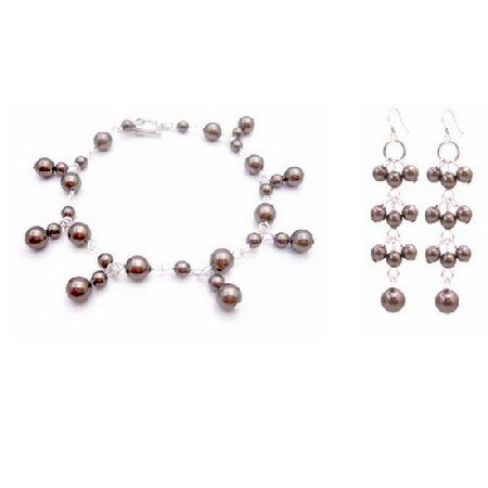 TB021 Bridemaids Wedding Jewelry Chocolate Brown Pearls Bracelet & Earrings