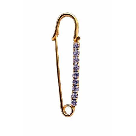 B037 Safety Pin Brooch Gold Metal w/ Sparkling Cubic Zircon