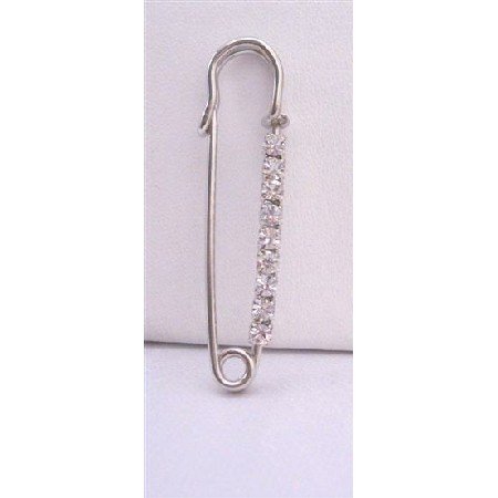 B068 Silver Metal Secured Safety Pin w/ Sparkling Cubic Zircon