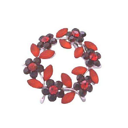 B015 Round Dark Siam Red Crystals Flower Brooch Enamel Red Leaves Red Crystals Brooch Jewelry