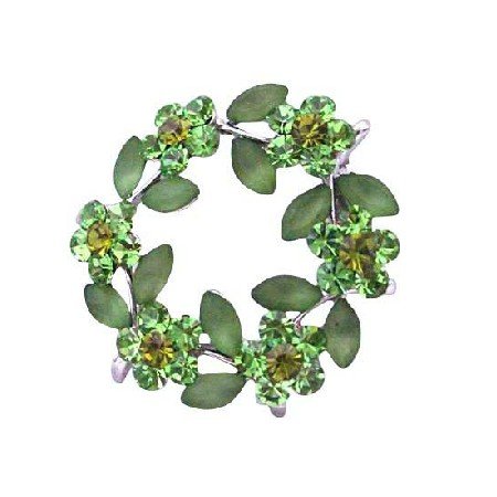 B023 Elegant & Unique Green Enamel Leaves Crystals Flower Brooch