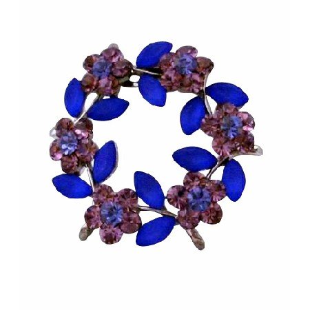 B125 Crystals Flower Brooch Amethyst Blue Crystals Round Flower Sophisticated Brooch