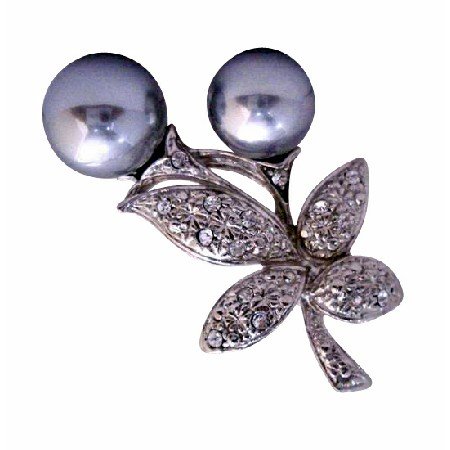 B043 Grey Pearls Fashion Brooch Pin w/ Cubic Zircon Bud Decorated Brooch