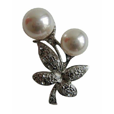 B205 White Pearls Fashion Brooch Pin w/ Cubic Zircon Bud Decorated Brooch