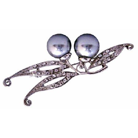 B187 Grey Brooch Silver Casting Brooch w/ Grey Pearls Dainty