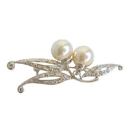 B040 Silver Brooch Pearls Pin Brooch w/ Sparkling Simulated Diamond CZ New/Dainty
