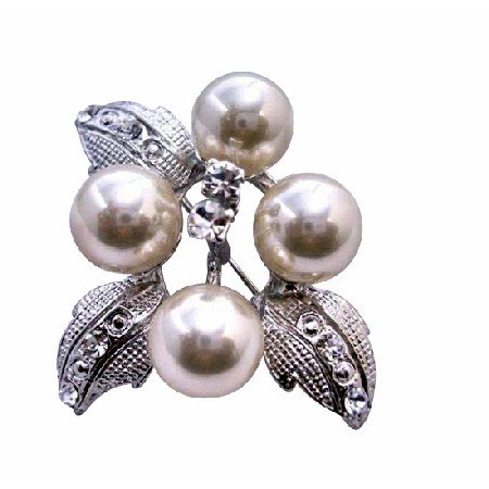 B032 Flower Pearls Brooch w/ Silver Casting Leaves Decoraed Cubic Zircon Gorgeous Brooch