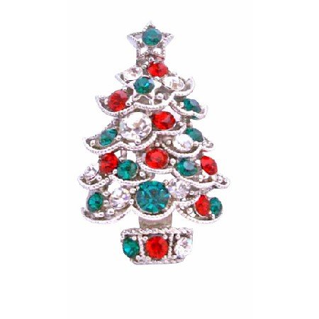 B188 Christmas Brooch Sparkling Green Red Cz Christmas Tree Brooch