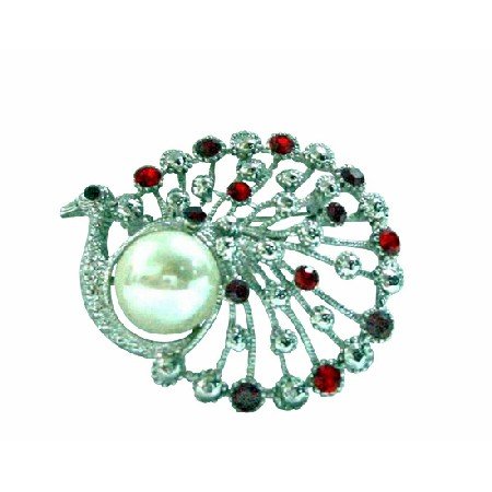 B182 Siam Red Crystals Peacock Round w/ Pearls Brooch