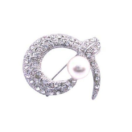 B009 Round Snake Head Cubic Zircon Brooch w/ Pearls Brooch