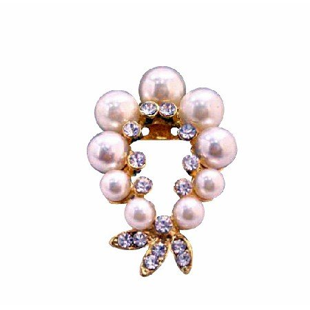 B219 Garland Cubic Zircon Brooch w/ Ivory Pearls Gold Brooch