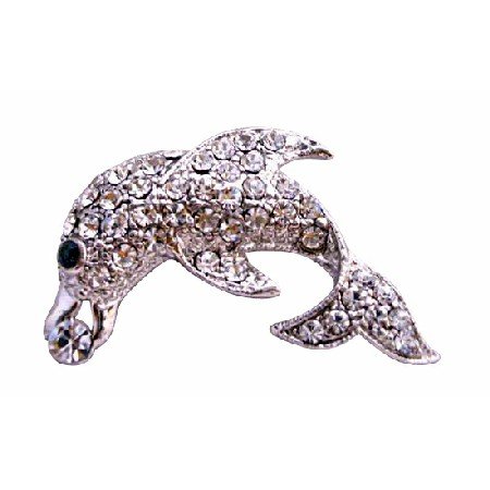 B195 Silver Dolphin Brooch Artisticall Decorated w/ Cubic Zircon