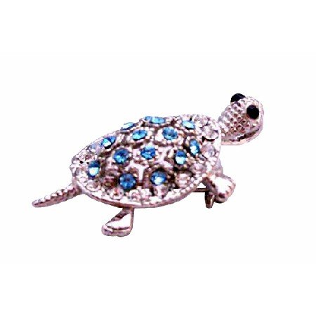 B357 Aquamarine Crystals Silver Turtle Brooch Pendant Aquamarine Crystals Turttle Pendant Brooch