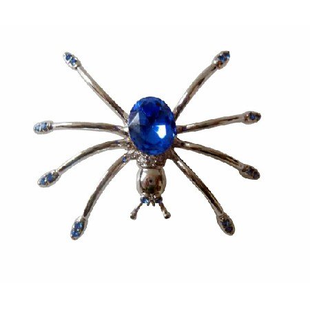B093 Austrian Sapphire Crystals Spider Brooch Pin